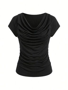 Stunning Black Cowl Neck Ruched Top - Size L NEW